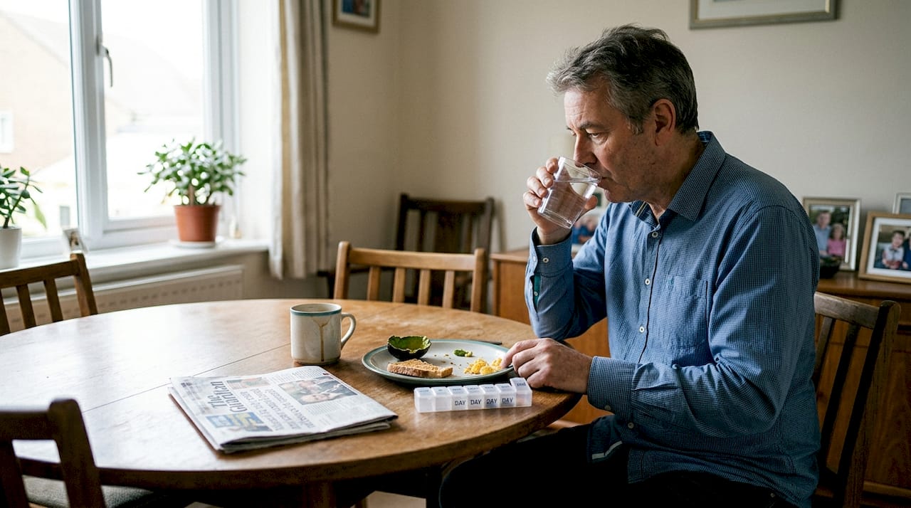Man with pill organizer at breakfast table