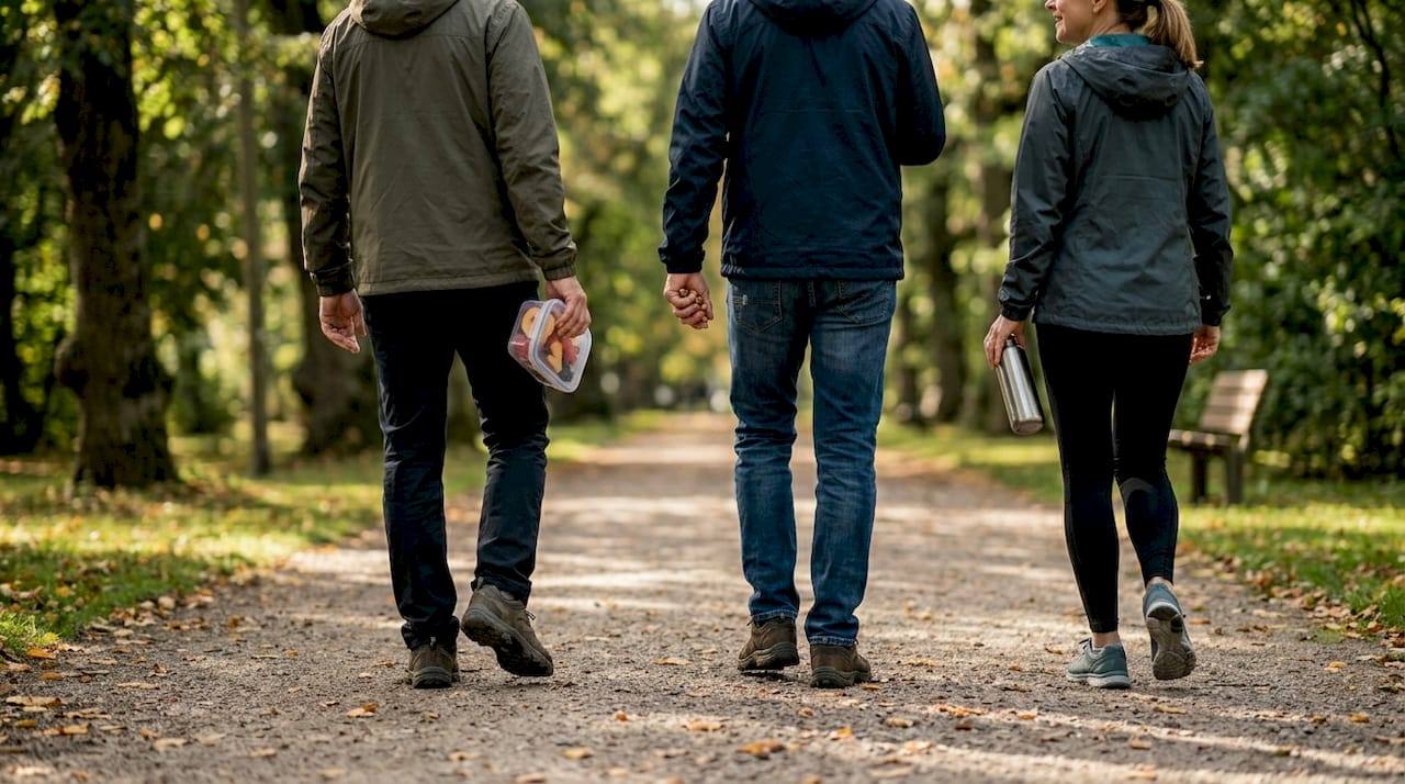 Middle aged friends walking with healthy snacks