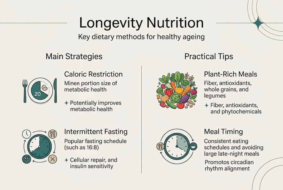 Infographic summarizing longevity dietary strategies