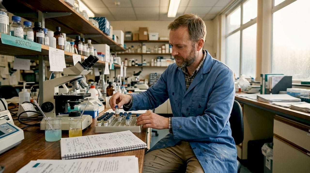 Scientist handling vials in biology lab