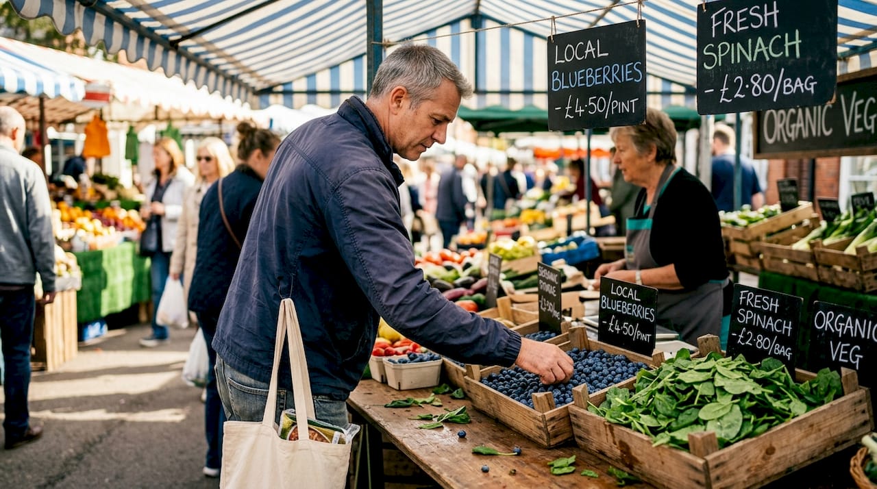 Man choosing antioxidant-rich produce at market