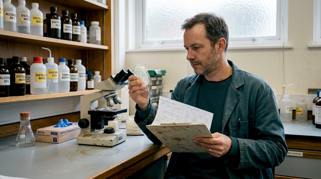 Scientist observing Petri dishes in laboratory