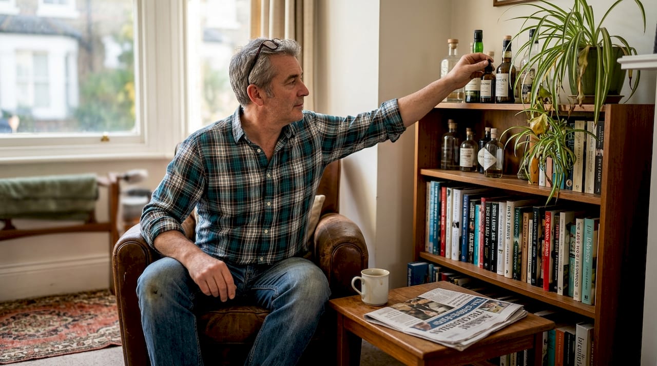 Man choosing supplement from home bookcase shelf