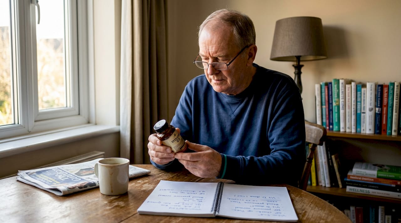 Older man reading vitamin supplement label