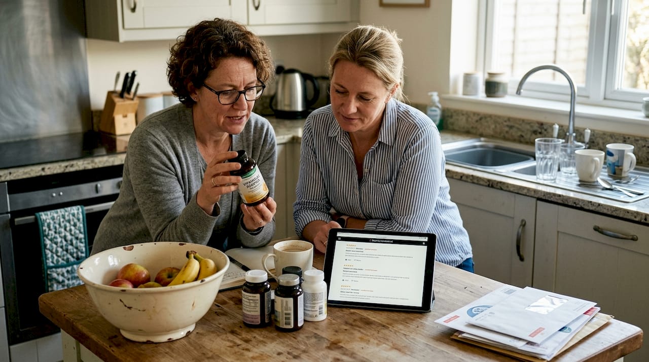 Friends reading supplement labels and reviews