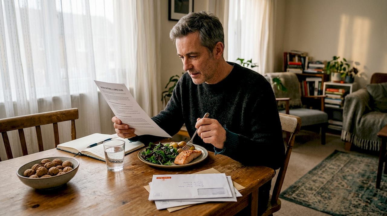 Man eating salmon and reading diet guide