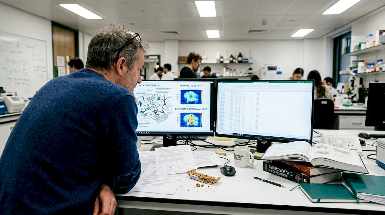Scientist reviewing brain diagrams at desk