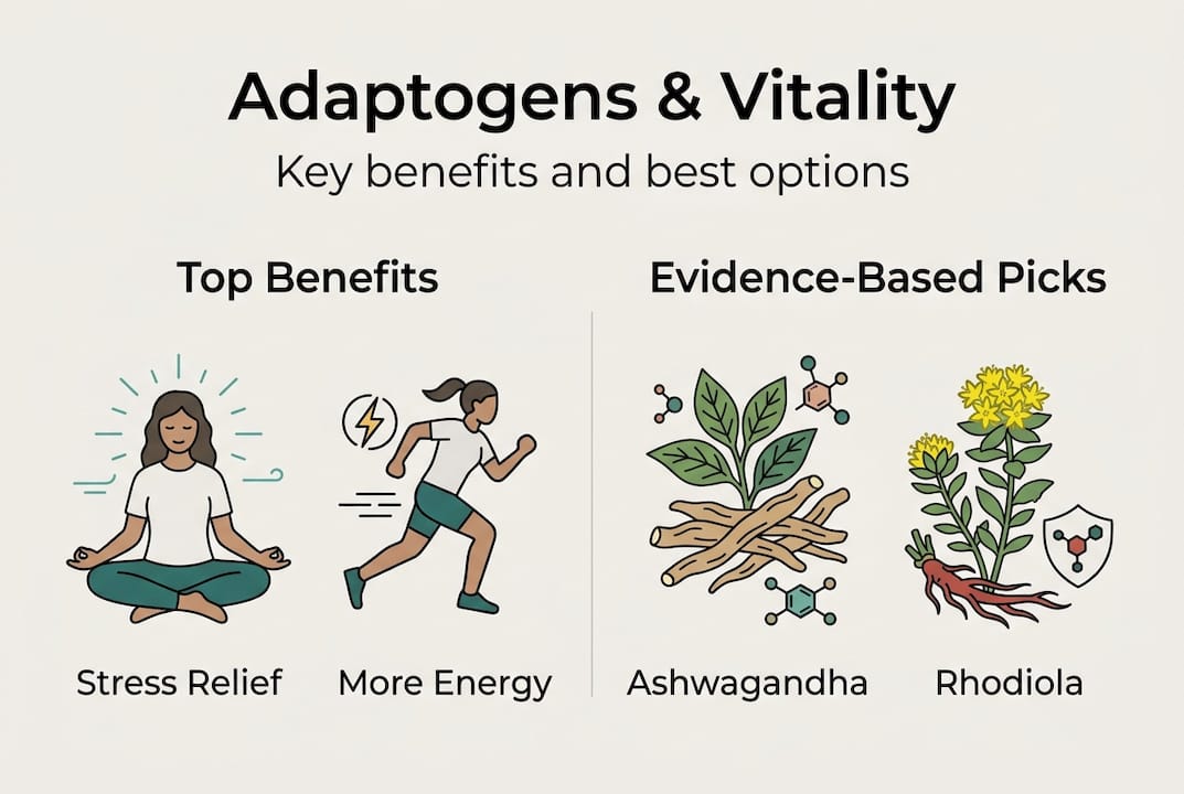 Infographic summarizing adaptogen benefits and options