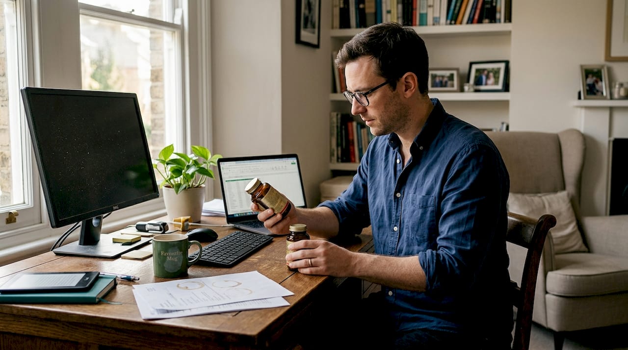 Man comparing supplement options at desk
