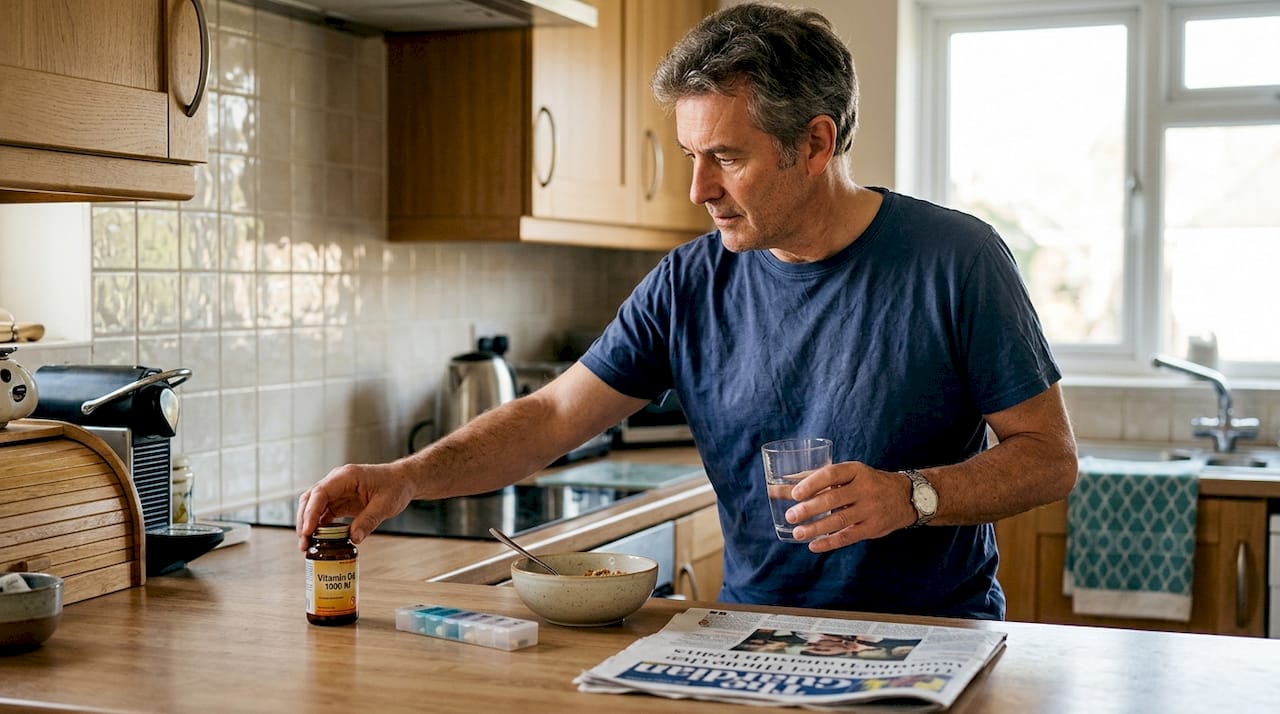 Man taking vitamin D supplement at breakfast