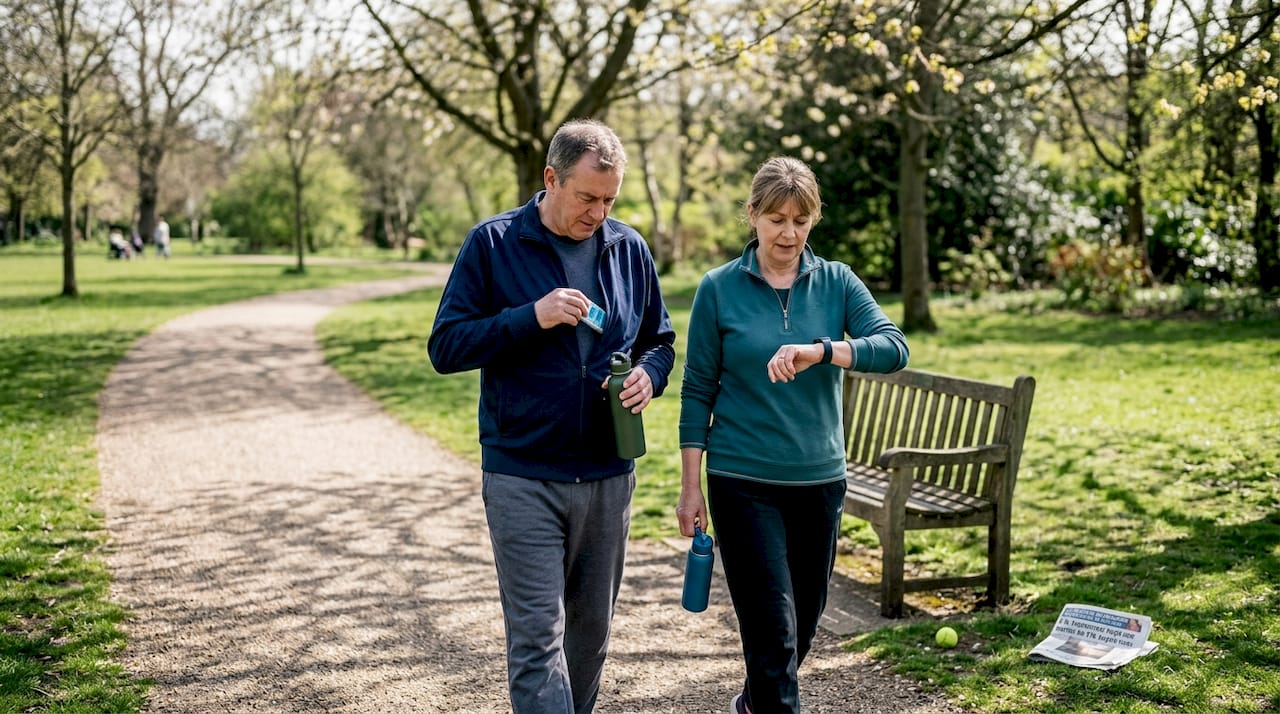 Middle-aged couple outdoors with supplement routine