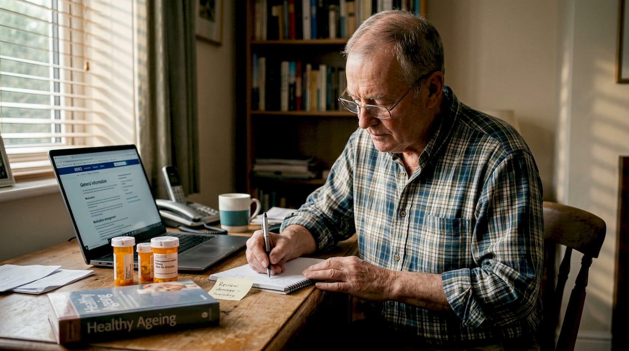 Senior logging supplements at home office desk