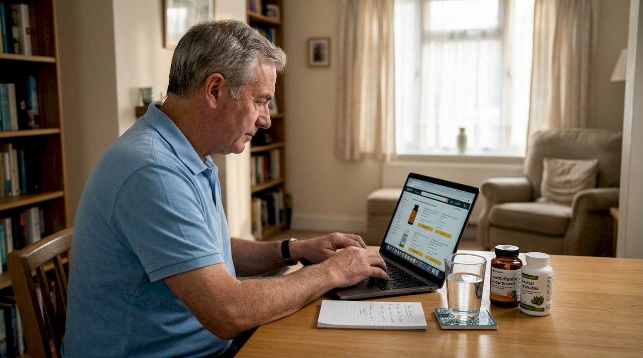Man researches supplements at dining table