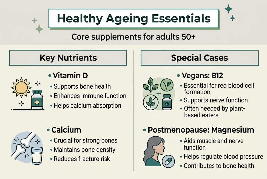 Infographic showing healthy ageing supplement essentials