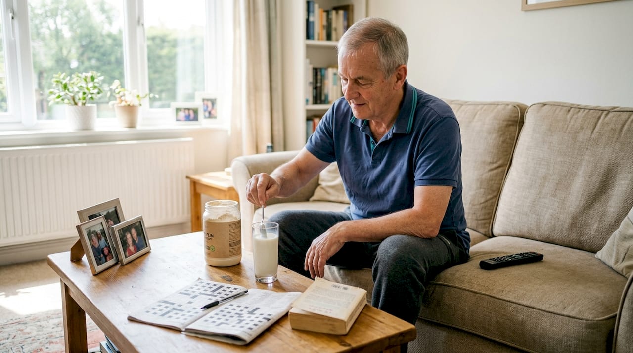 Senior man mixing protein drink at home