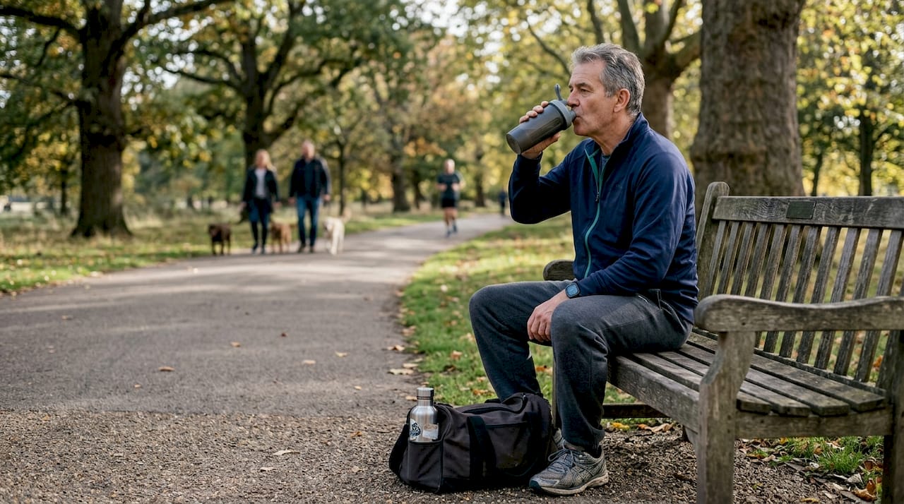 Older man drinks protein shake after exercise