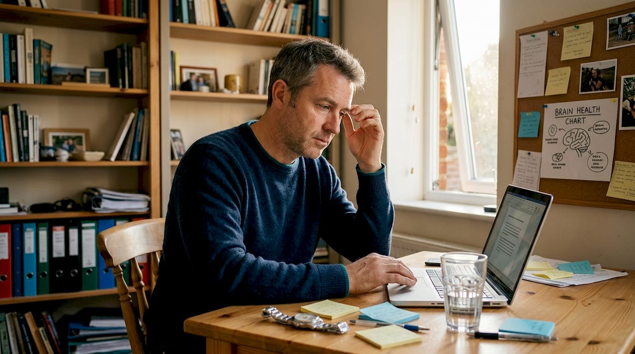 Man in home office pausing to consider work