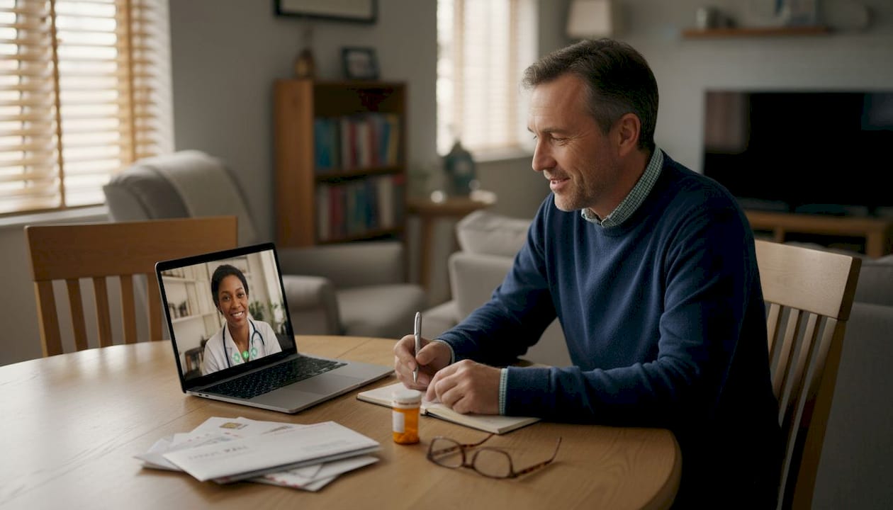 Man consulting doctor online about supplements