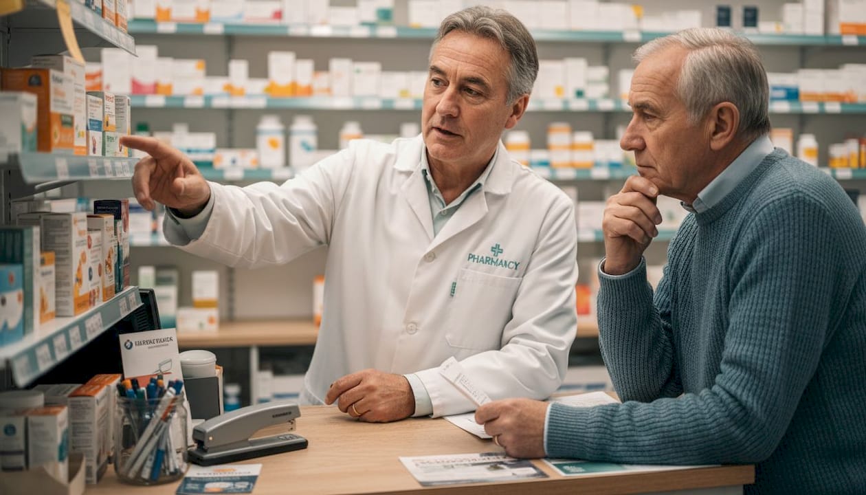Pharmacist advising customer about supplements