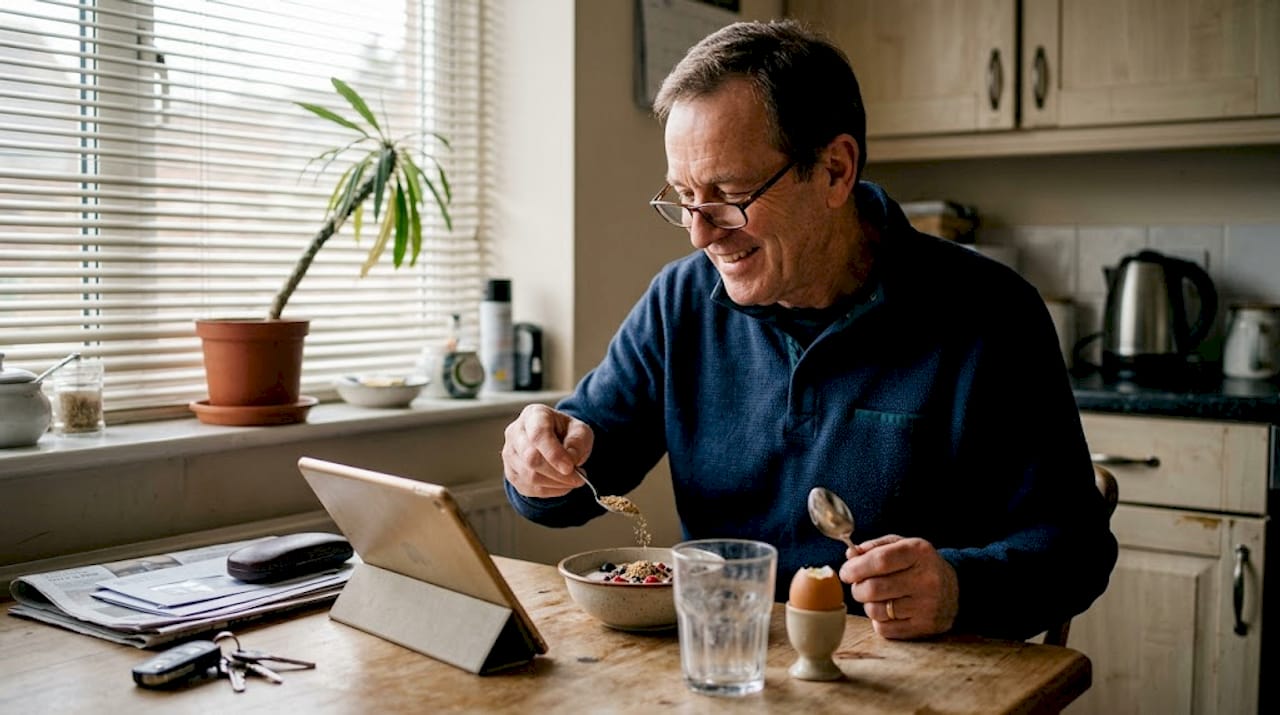 Man adding wheat germ to yogurt for nutrition