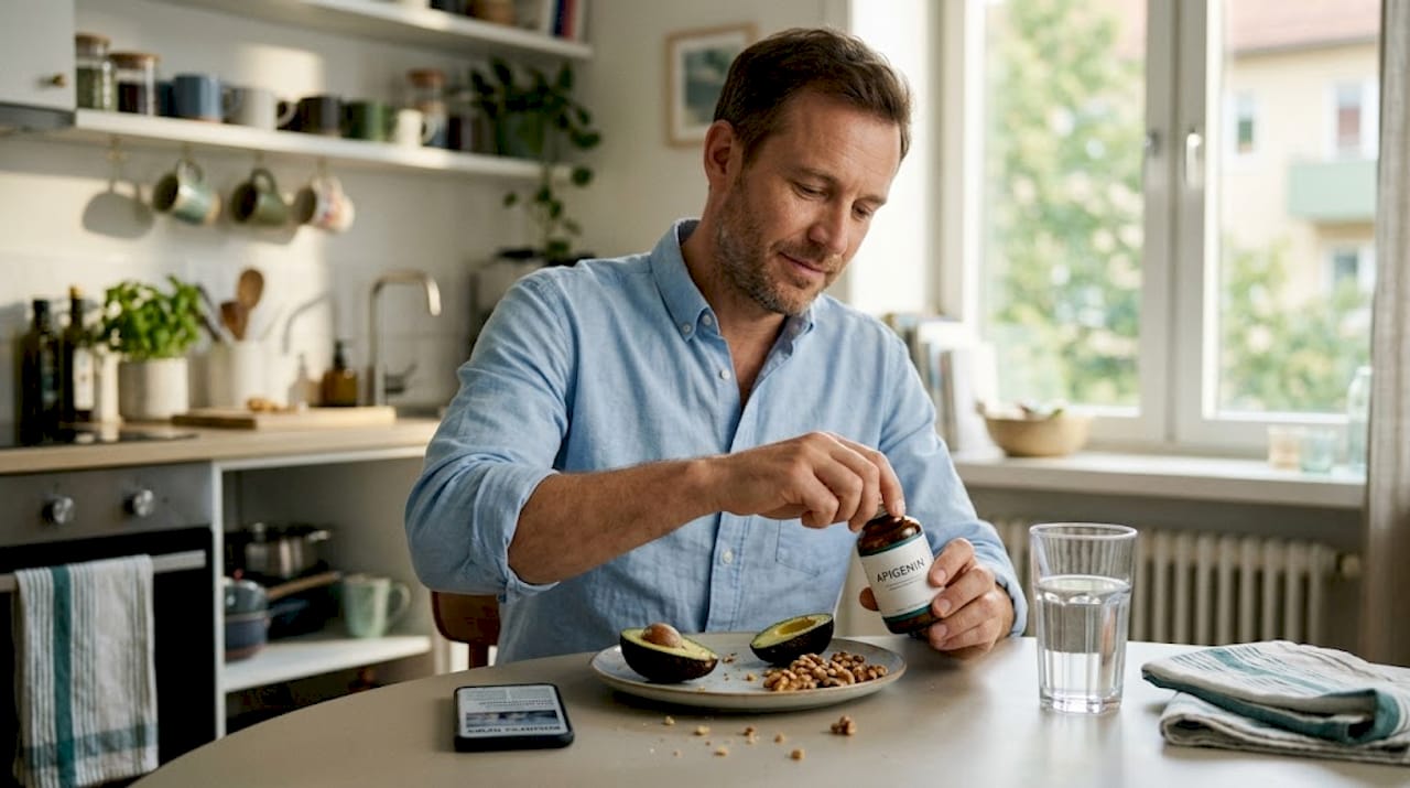 Man opening apigenin supplement at breakfast table