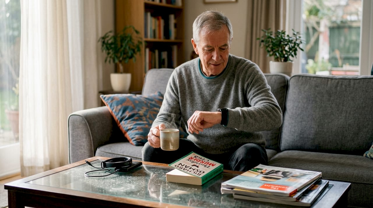 Older man checking fitness tracker at home