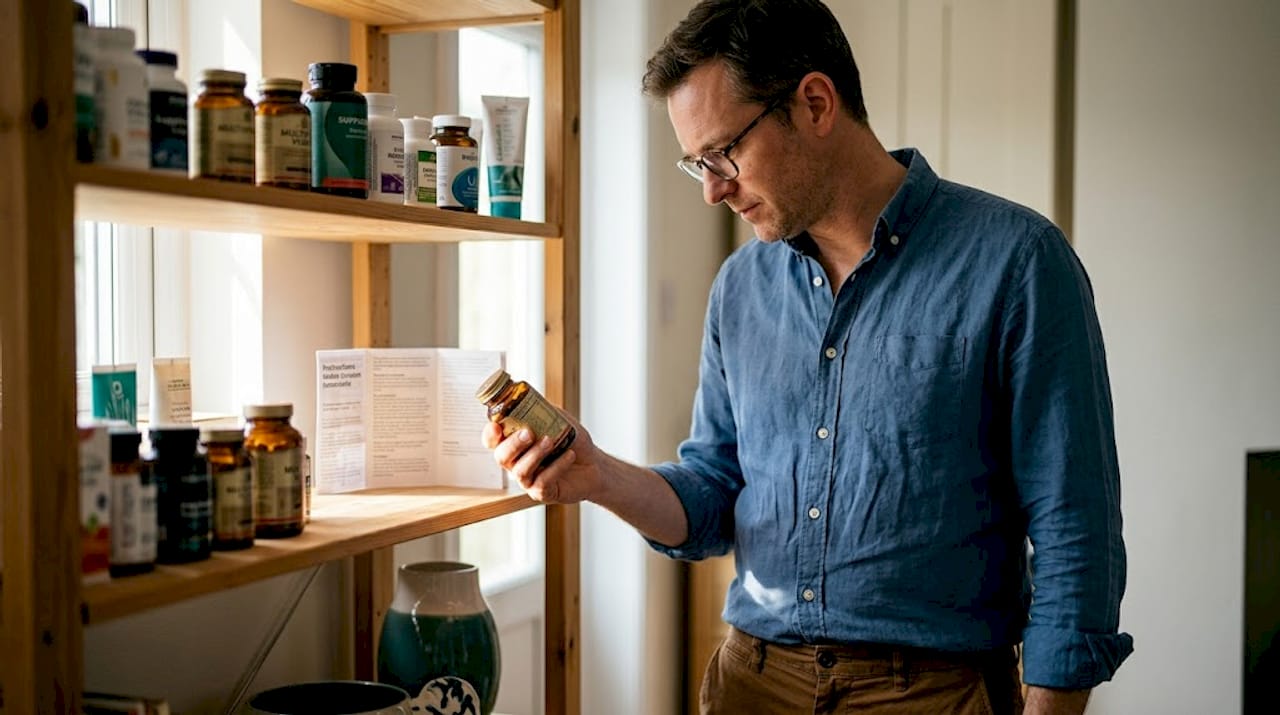 Man reading multivitamin bottle label at shelf