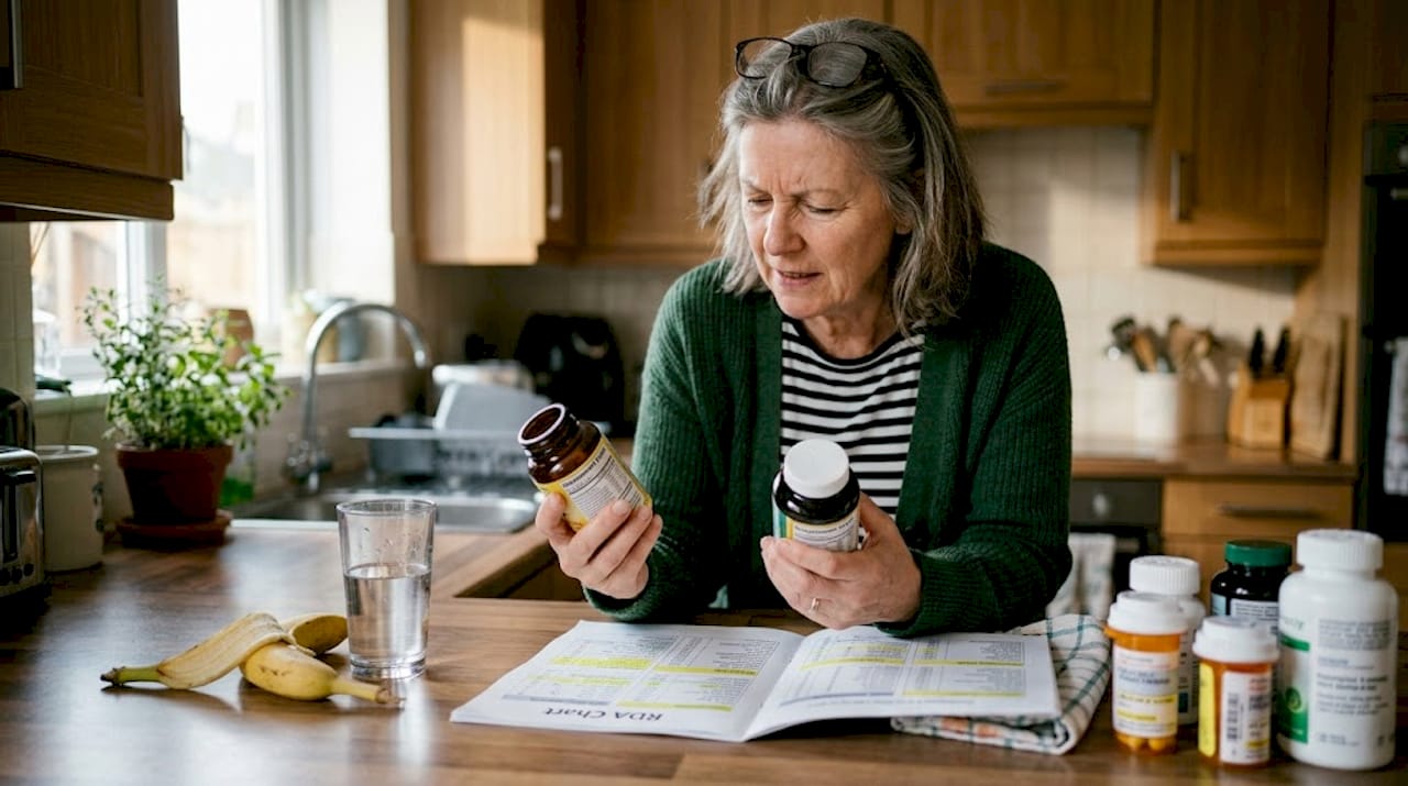 Woman reviewing supplement labels in kitchen
