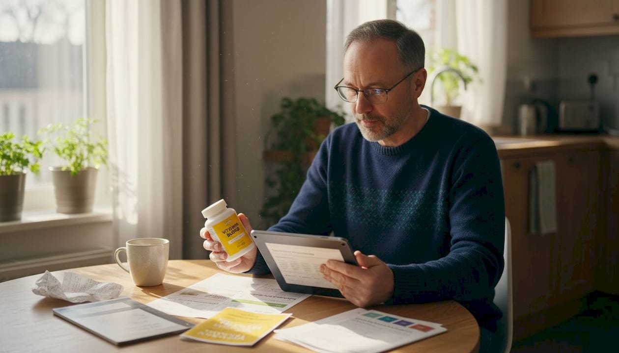 Man cross-checking supplement facts with tablet