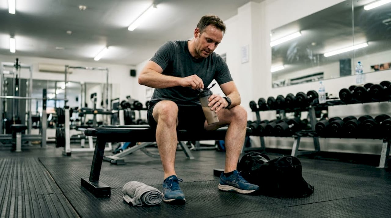Man mixing shake in gym after workout