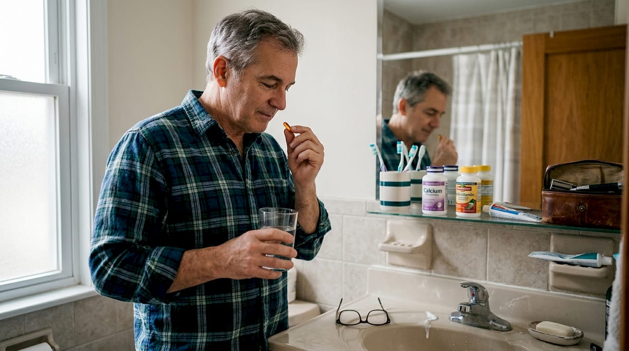 Older man taking omega-3 supplement in bathroom