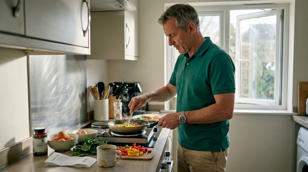 Man preparing healthy meal with vitamins