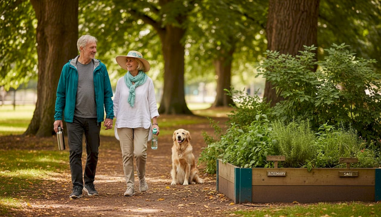 Seniors walking by herb bed in park