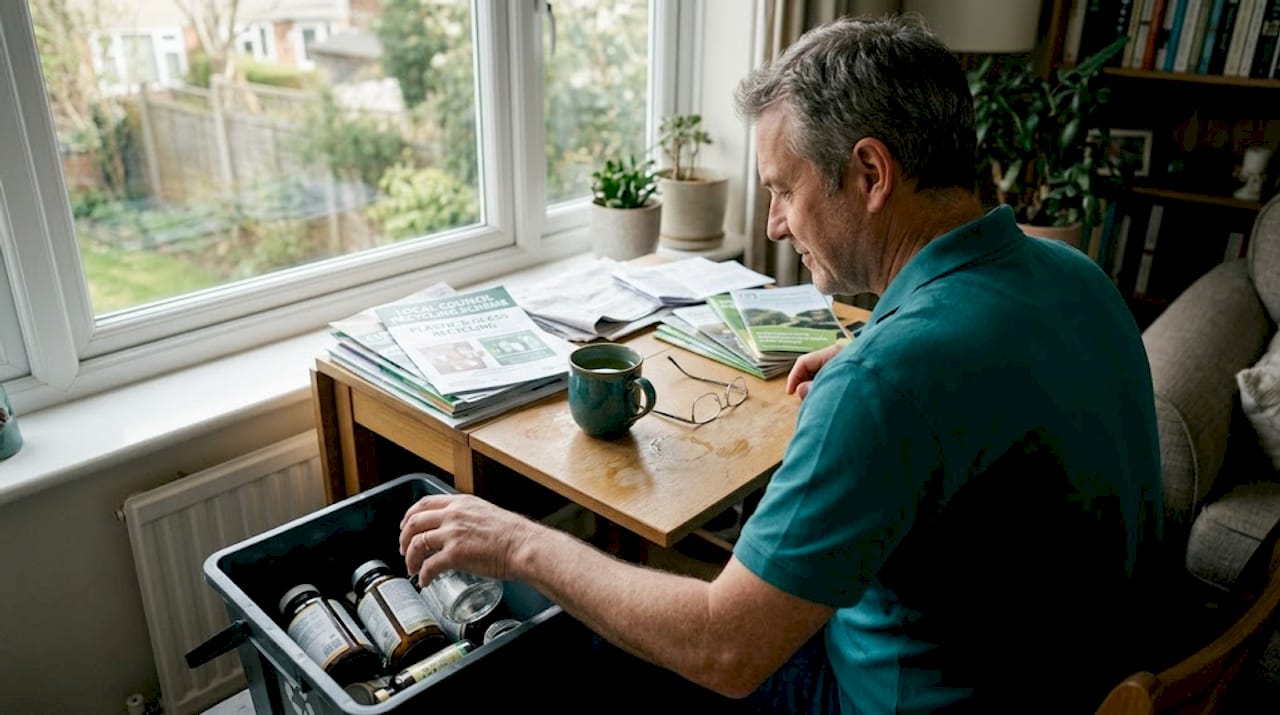 Man recycles supplement packaging at living room desk