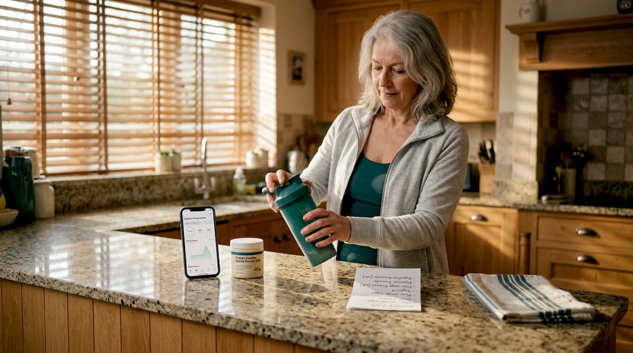 Older woman making protein shake in kitchen