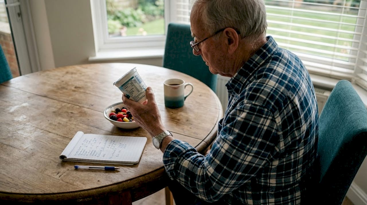 Elderly man reading nutrition label at table