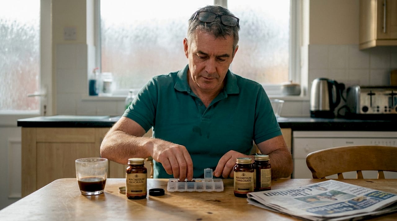 Man sorting sleep and magnesium pills at kitchen table
