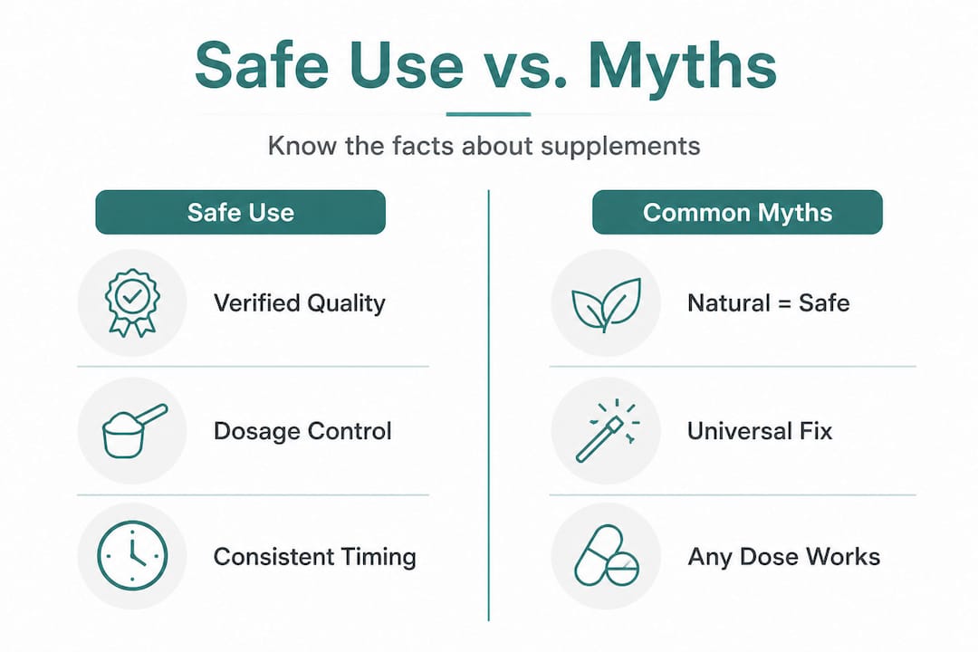 Infographic comparing safe supplement use and misconceptions