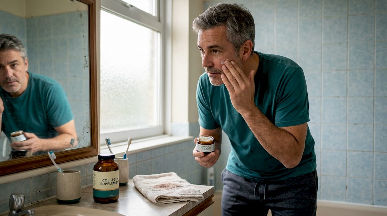 Man applying moisturizer near collagen supplement
