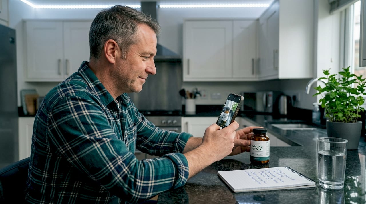 Man photographing supplement label batch