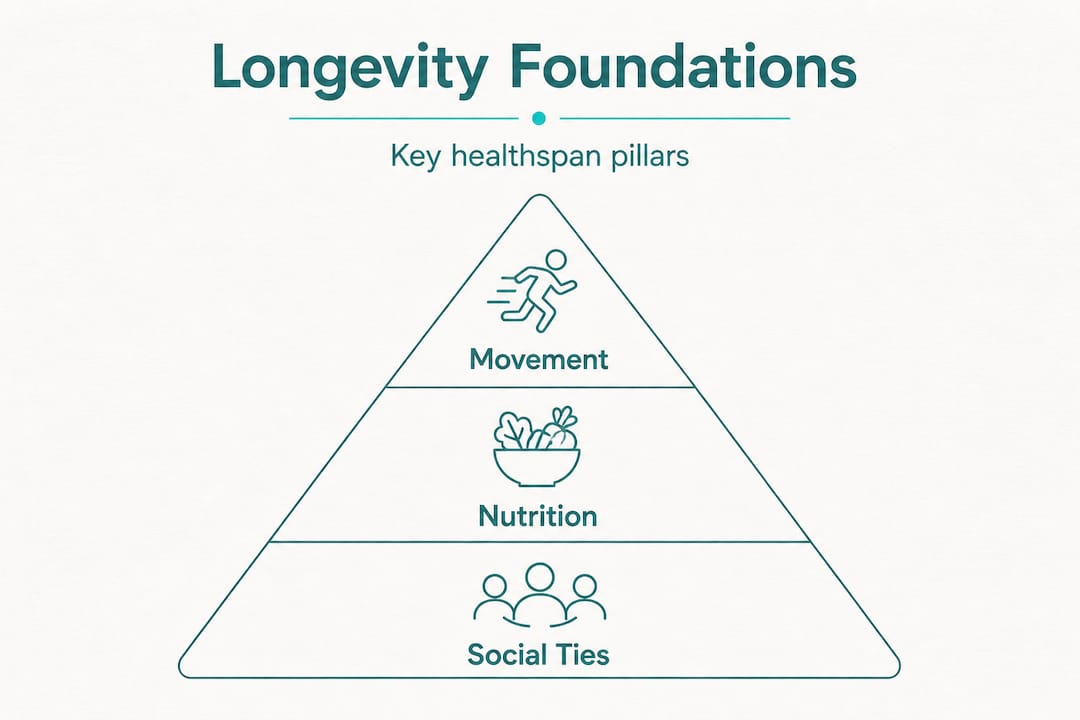 Infographic showing core pillars for longevity
