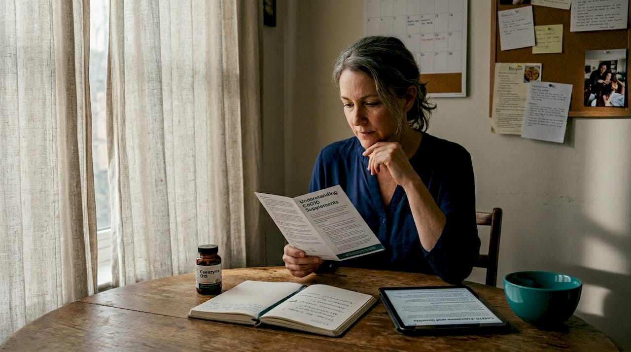 Woman studying CoQ10 supplement information
