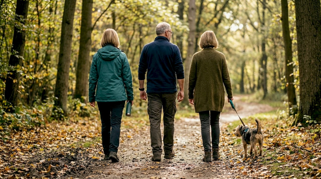 Adults walking on park path in autumn