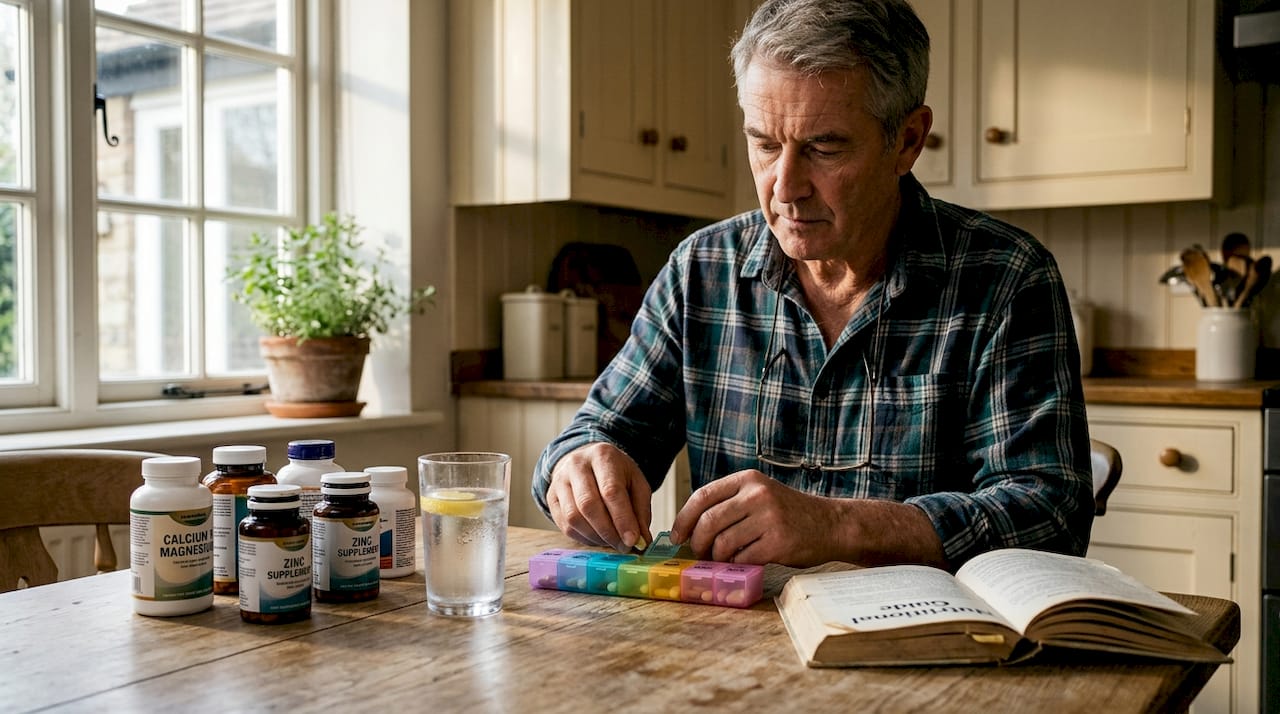 Man organizing supplements at kitchen table