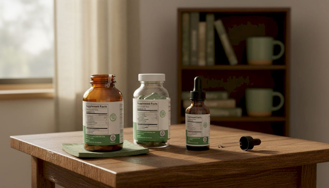 Close-up of supplement bottles showing labels and seals