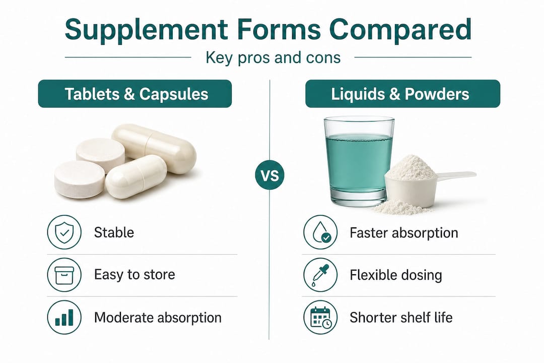 Infographic comparing supplement forms: tablets and capsules versus liquids and powders
