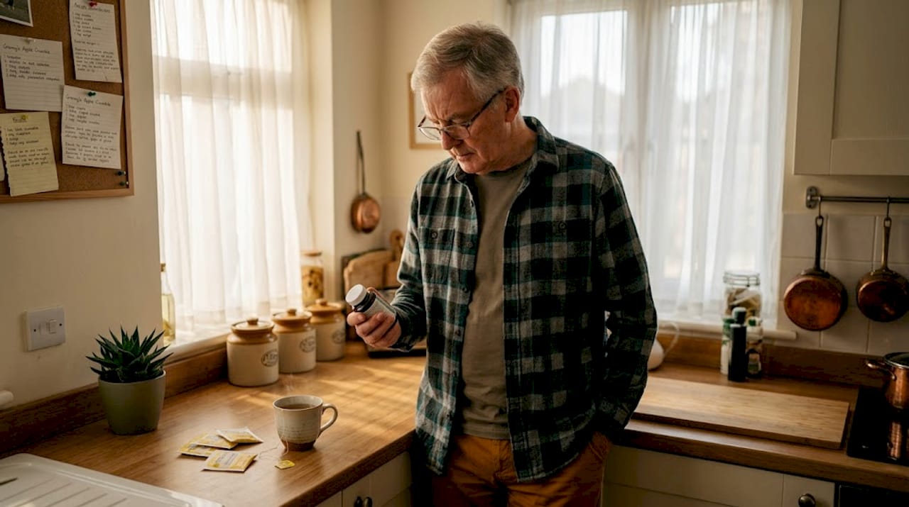 Older man reviewing supplement bottle in living room