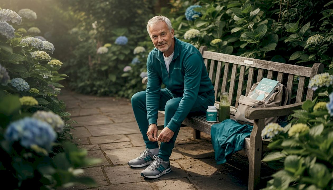 Older man prepares for active morning with supplements