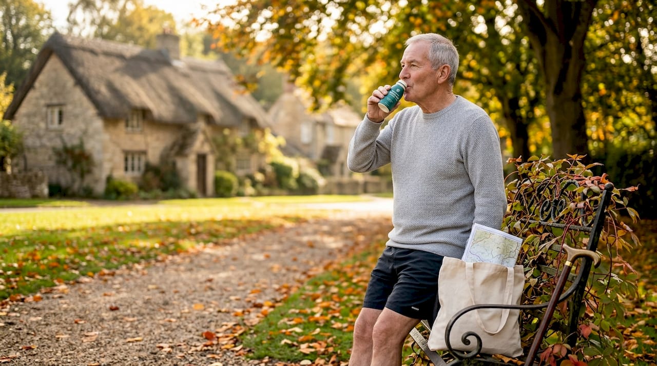 Senior man drinking probiotic after exercise in park