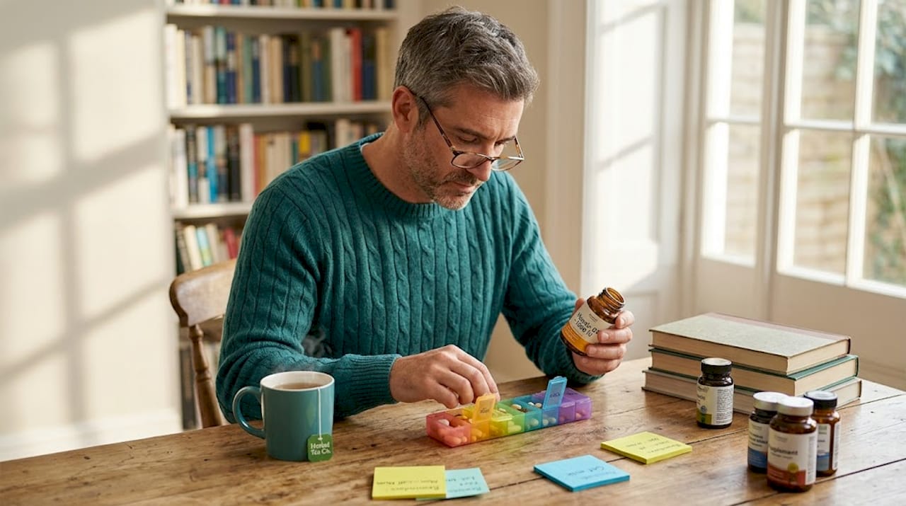 Man organizing daily supplement schedule